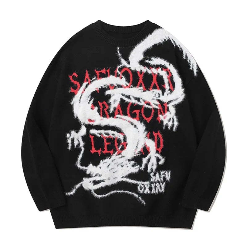 hip hop harajuku dragon pattern knitted sweater unisex pullover streetwear new year casual loose sweater warm jumper knitwear unique limited edition hoodie, urban wear with bold artwork, trendy hip hop style outerwear