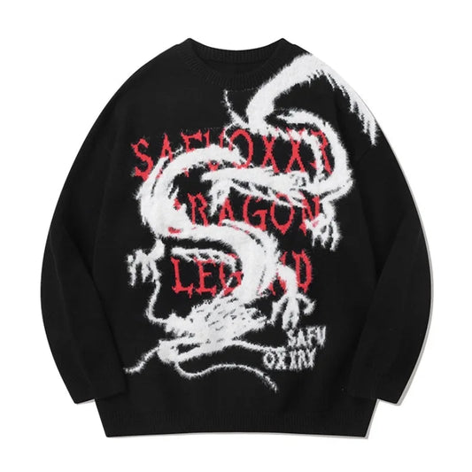 hip hop harajuku dragon pattern knitted sweater unisex pullover streetwear new year casual loose sweater warm jumper knitwear unique limited edition hoodie, urban wear with bold artwork, trendy hip hop style outerwear