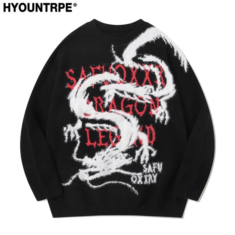 hip hop harajuku dragon pattern knitted sweater unisex pullover streetwear new year casual loose sweater warm jumper knitwear unique limited edition hoodie, urban wear with bold artwork, trendy hip hop style outerwear