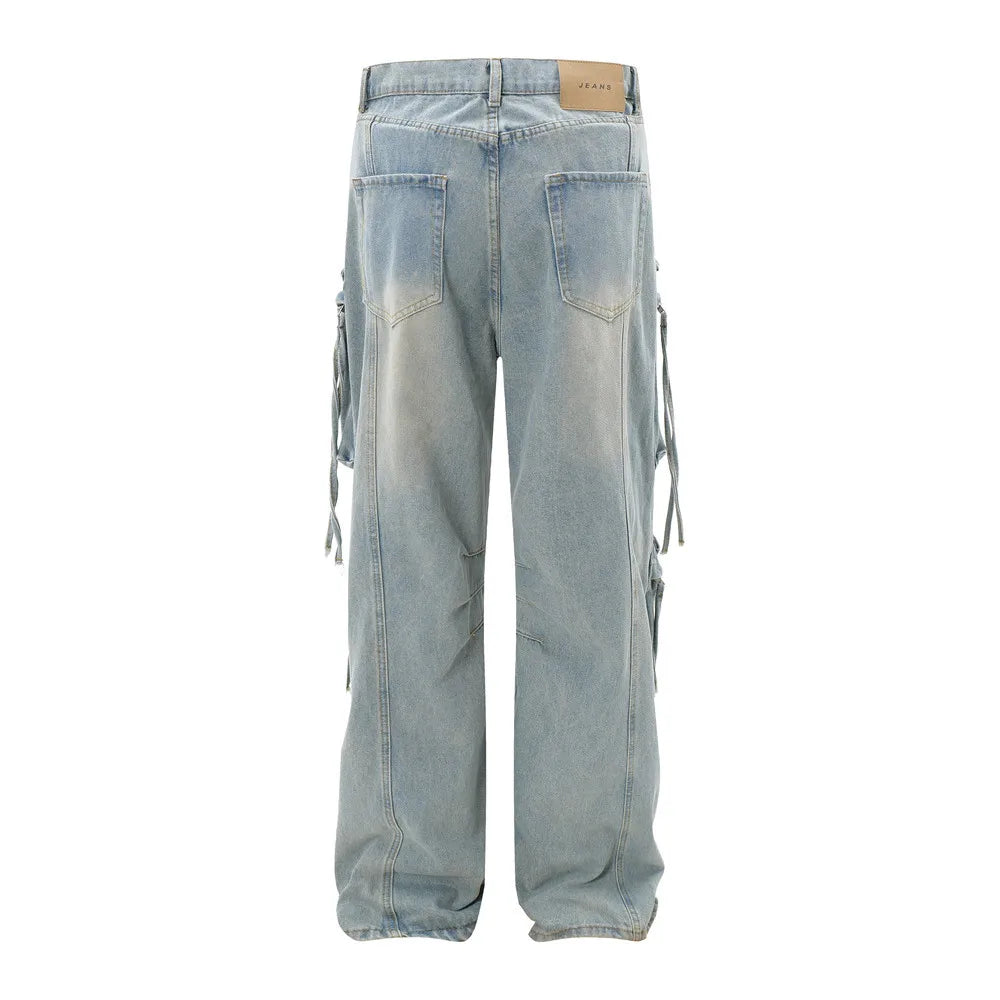 vintage multi pocket baggy jeans mens harajuku cargo denim pants retro hip hop straight loose jean pants men clothing unique cargo style 1078