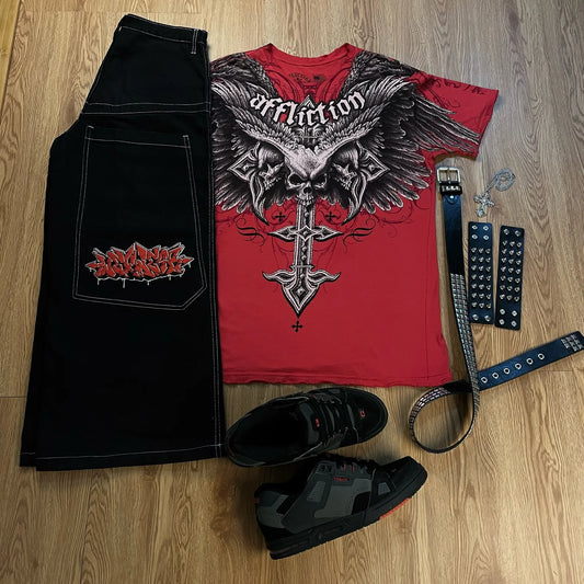 harajuku tapout and wexwear suit graphic embroidered jeans y2k jeans tracksuit t shirt for men streetwear black skateboard pants vintage washed jeans