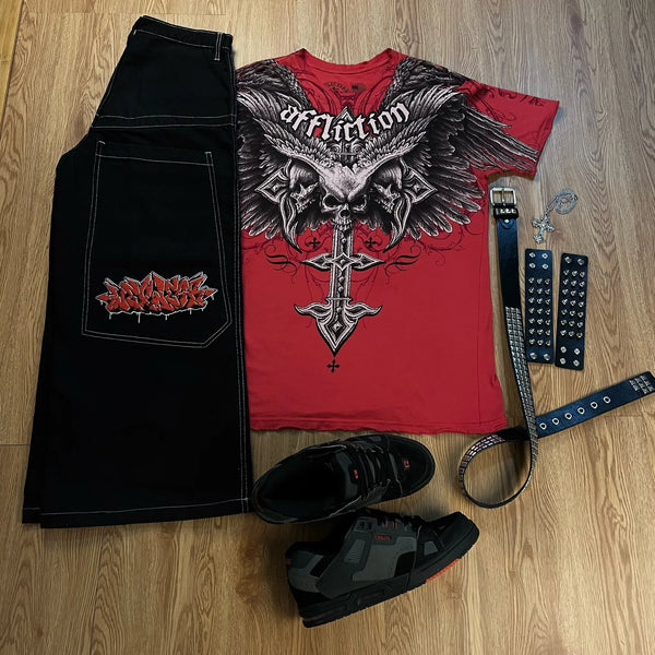 harajuku tapout and wexwear suit graphic embroidered jeans y2k jeans tracksuit t shirt for men streetwear black skateboard pants vintage washed jeans