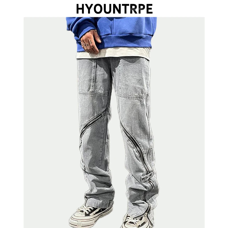fashion denim straight pants hip hop jeans with zipper streetwear trousers new summer casual joggers men designer jeans for men casual joggers