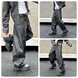 men brand fashion splice pocket loose casual wide leg leather baggy pant cityboy streetwear cargo motorcycle pants trousers baggy cargo bottoms