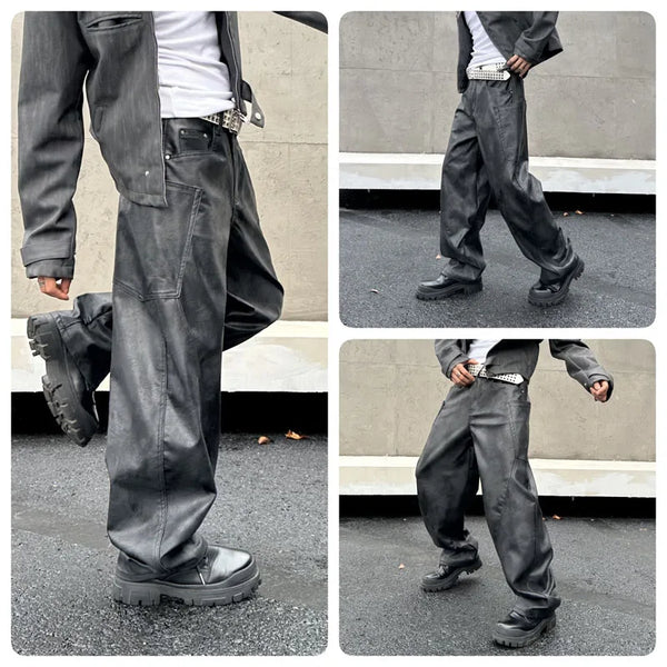 men brand fashion splice pocket loose casual wide leg leather baggy pant cityboy streetwear cargo motorcycle pants trousers baggy cargo bottoms