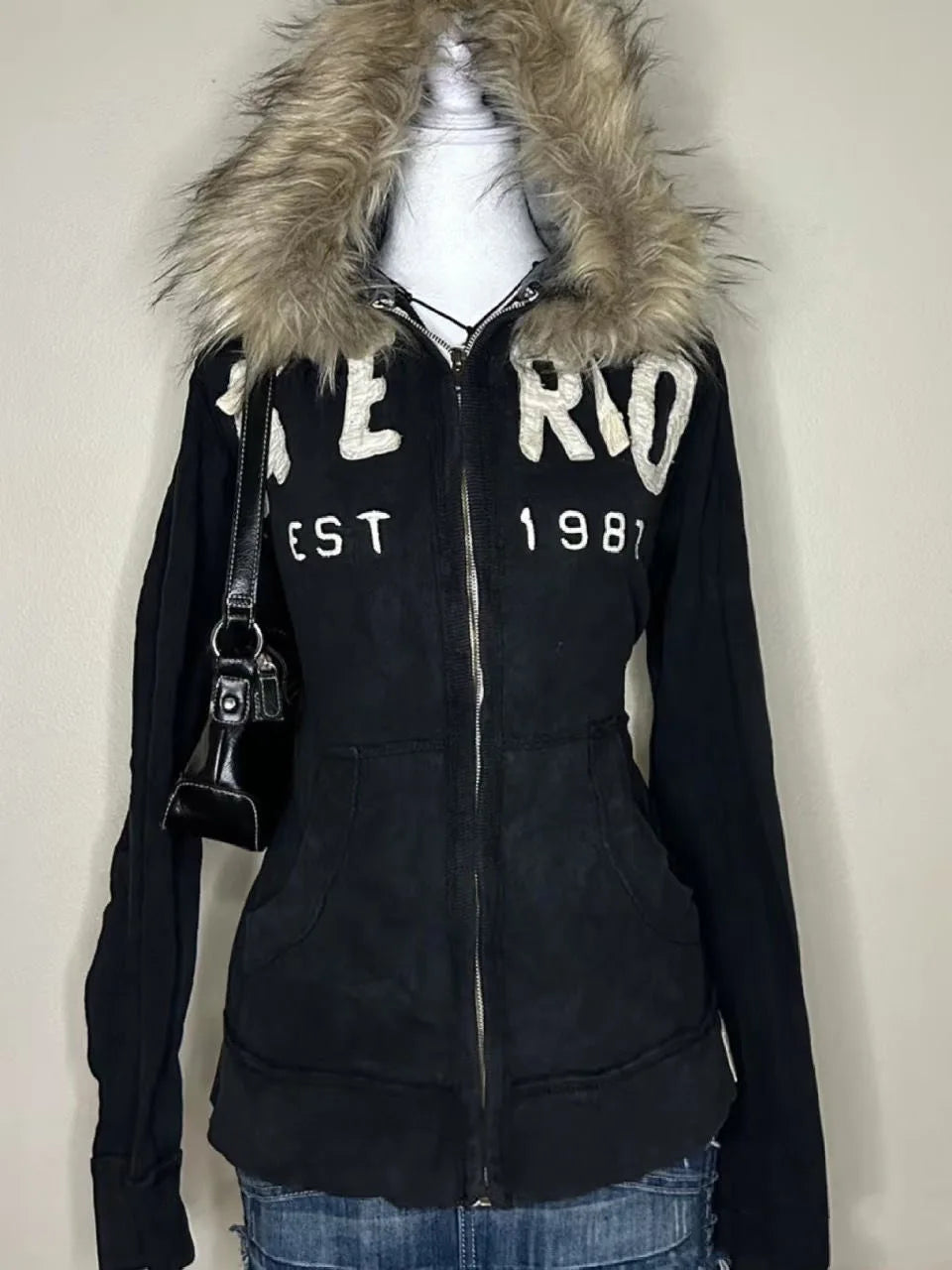 Harajuku Y2K Streetwear Jacket High Street Retro Fur Collar Zipper Hoo