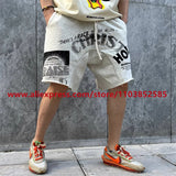 2024 American Heavyweight Vintage Men's Shorts With Letter Print Drawstring Loose Casual High Street High Quality