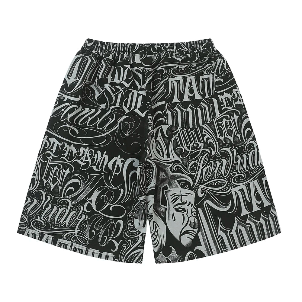 streetwear west coast full print floral over knee shorts for men summer patchwork wide leg baggy five points pants oversized unique shorts style 3601