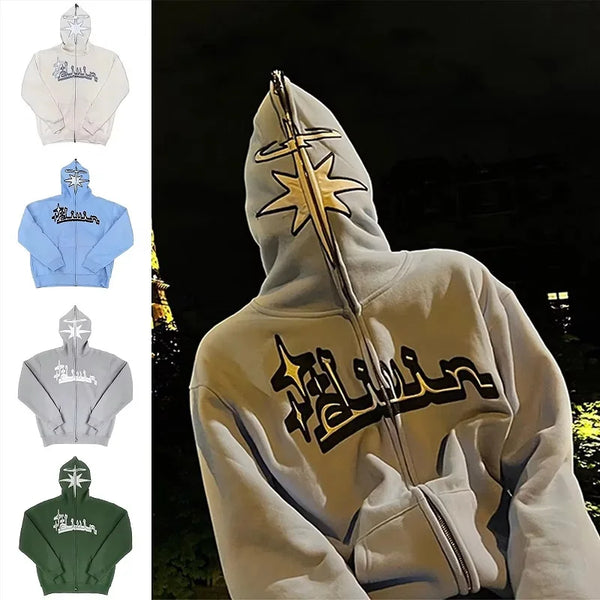Y2K Full Zip Hoodies Embroidery Pattern Gothic Hooded Sweatshirts Over