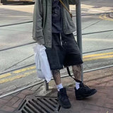 ro style ribbons streetwear multi pockets cargo short for men elastic waist wide leg baggy jeans knee length pants loose overall unique cargo style 4483