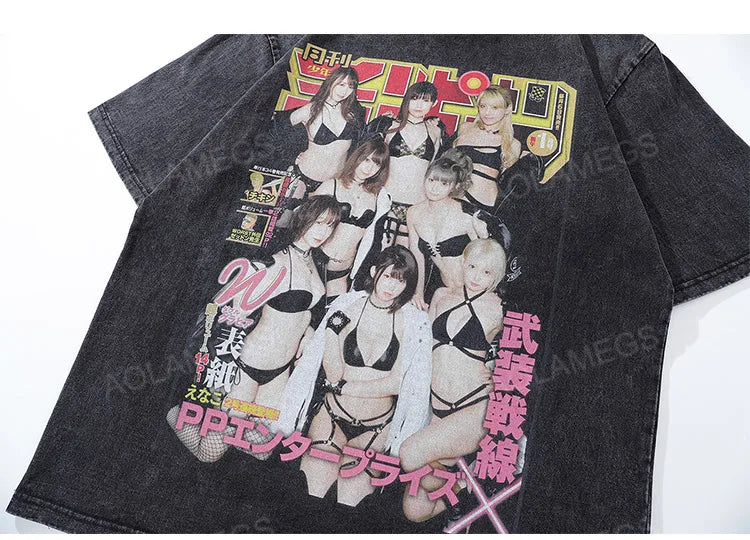 Glitchcore Graphic tee – Vintage Men Black Washed Tshirts Sexy Girls Graphic Print T