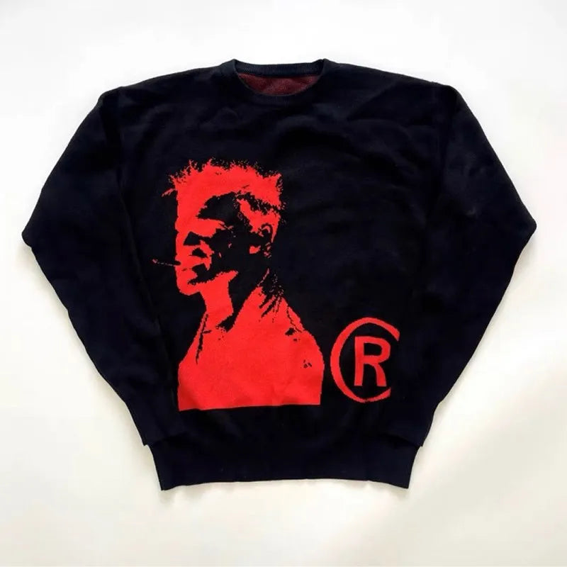 varsity flame pullover for men with bold graphic knit design, perfect for 2025 fashion, street fashion menswear trend for sea