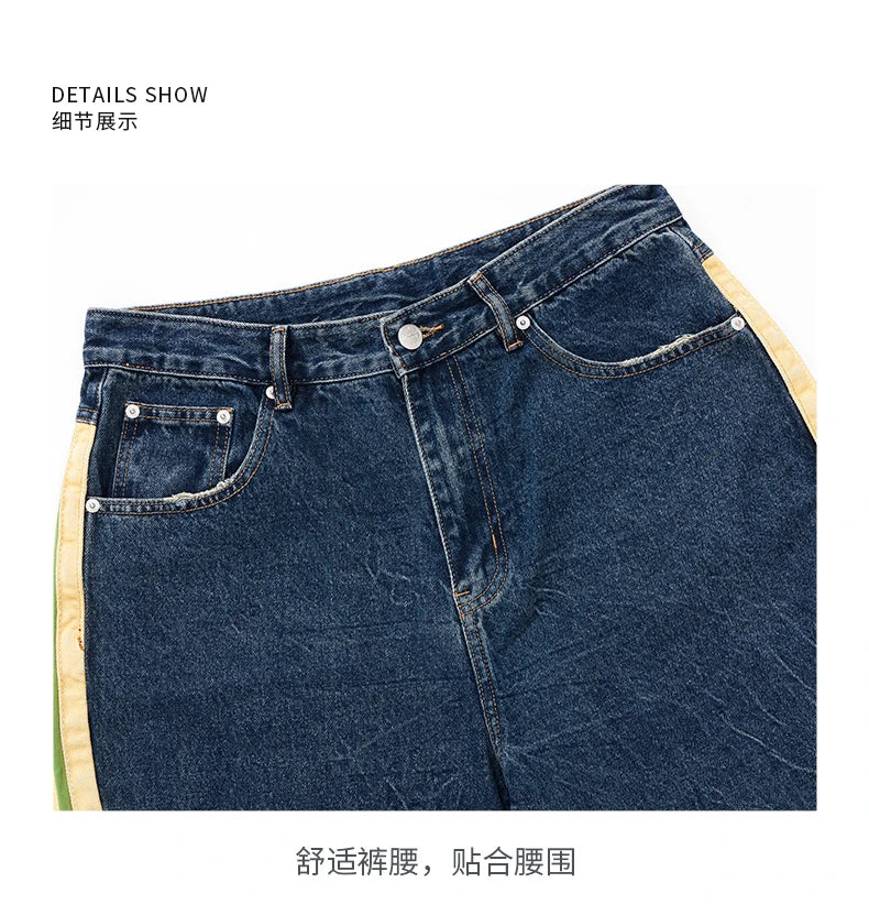 men streetwear fashion side splice hip hop loose casual wide leg straight baggy jeans pant cityboy jeans pants trousers unique jeans style 2594