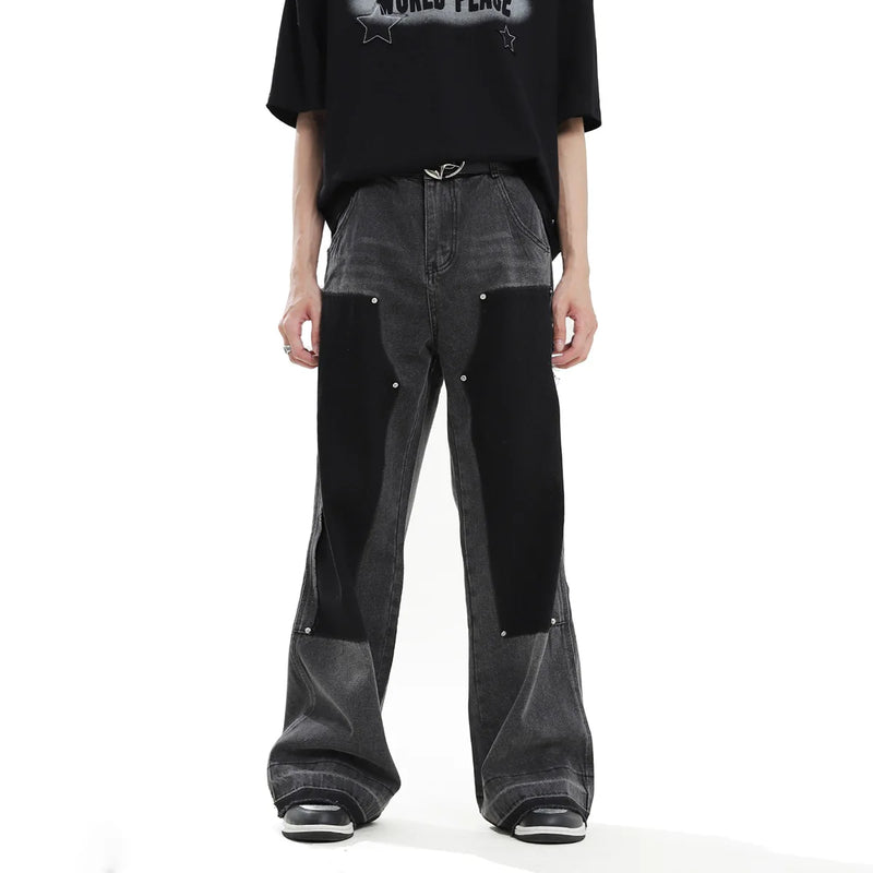 hip hop graffiti black wide leg jeans mens vintage distressed patches ink splashed jeans y2k logging cargo denim trousers women baggy cargo bottoms