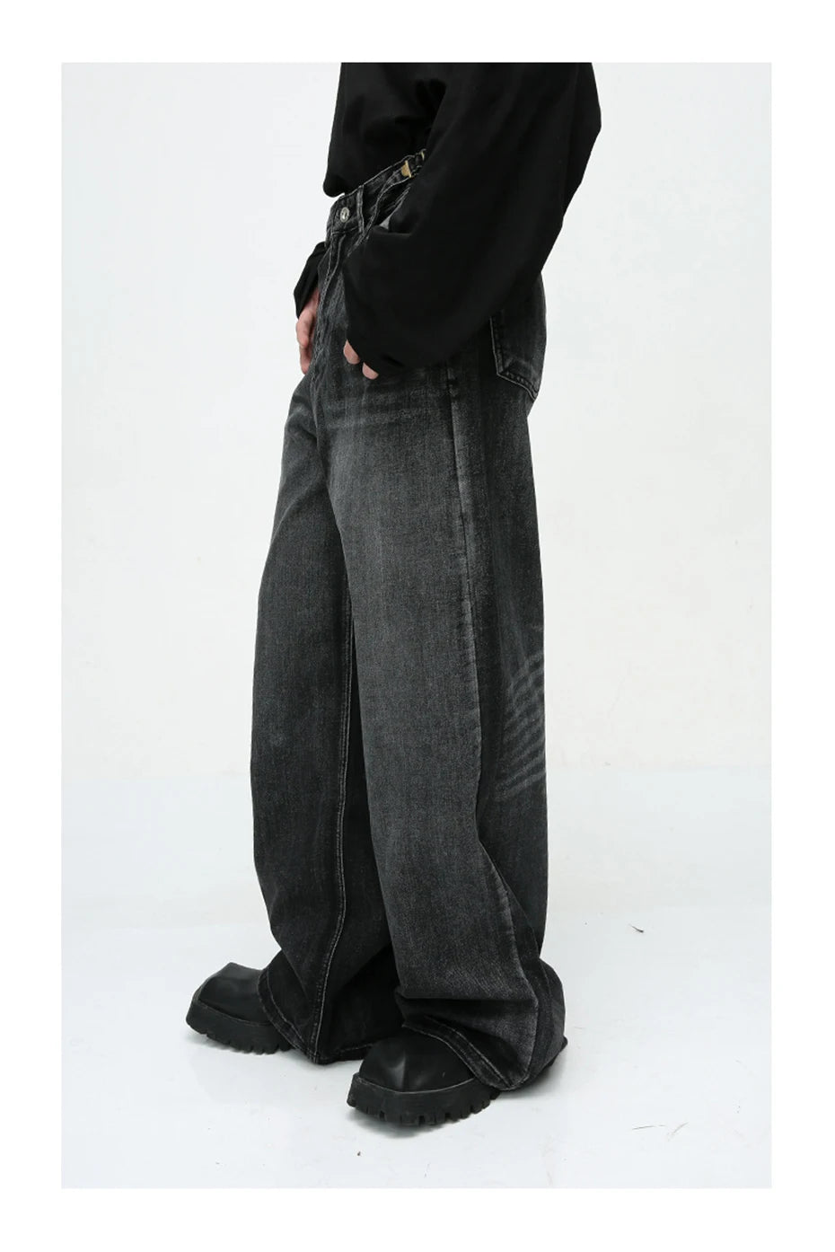 mens black baggy jeans male casual loose straight jeans trousers vintage hip hop denim pants unique jeans style 177