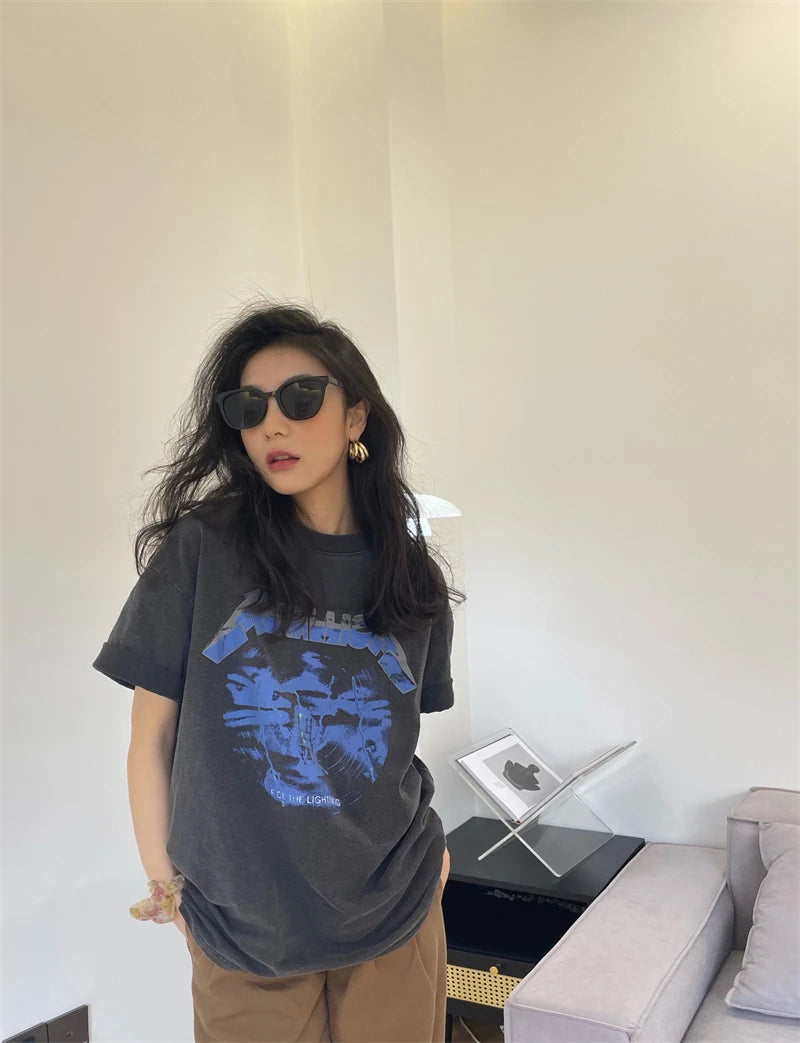 Y2k Aesthetic print tee – Summer Vintage High Street Wash Lightning Print T Shirt Vint