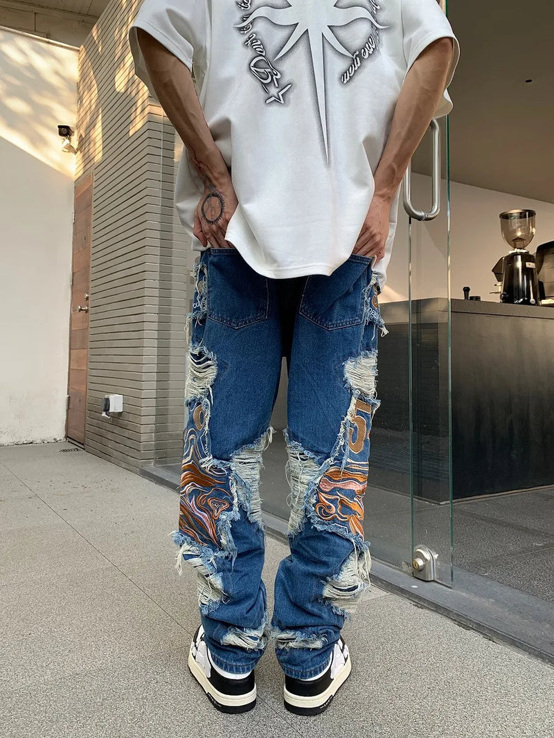 fashion embroidery destroyed ripped tassel holes denim jean pants mens casual loose straight jeans hip hop streetwear joggers unique joggers style 4351