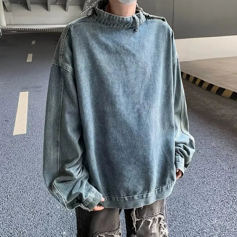 Autumn Korean Denim Coats Stand Collar Denim Sweatshirt Jacket High St