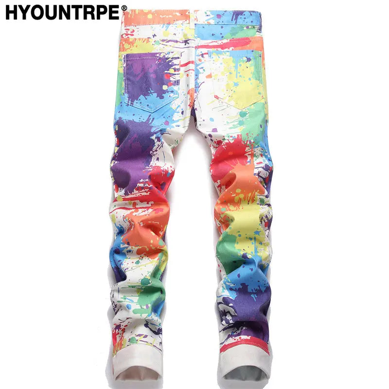 fashion colorful graffiti printed jeans printed denim pants men biker zipper jeans streetwear slim fit y2k hip hop pants joggers streetwear sweatpants