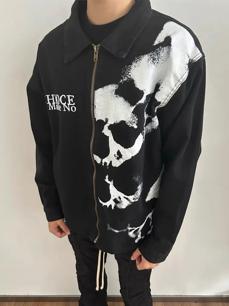 skulls printed harajuku denim jacket and coat mens fashion hip hop full zipper outerwear casual loose streetwear jeans jacket - variant style 5d5f0d for streetwear fashion