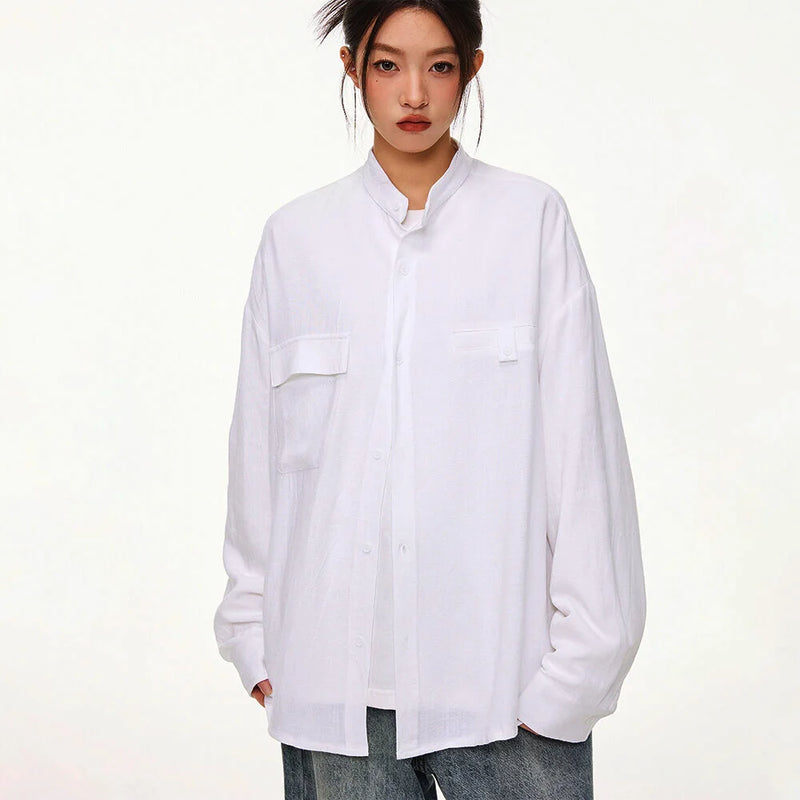 Men Loose Casual Streetwear Fashion Stand Collar Long Sleeve Black White Oversize Shirt Couple Plus Size Shirts Blouses