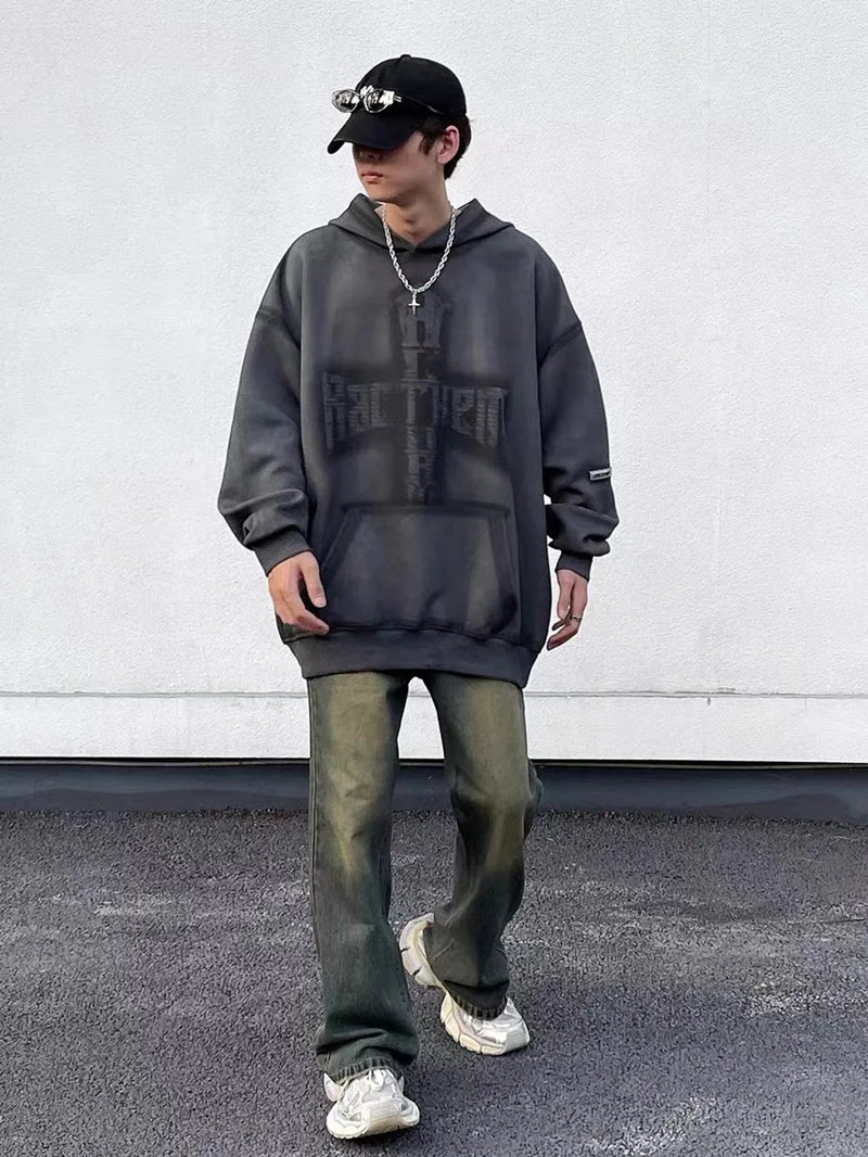 Washed Hoodies Sweatshirts Man Bleached Loose Oversize Casual Autumn W