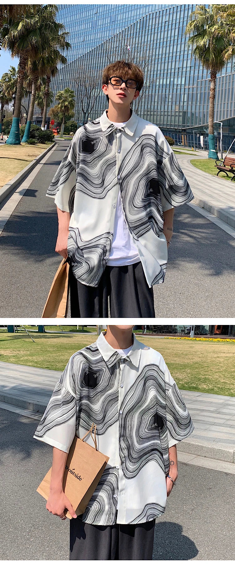 Summer Short Sleeved Shirt Men Retro Printed Shirt Men Streetwear Loose Ice Silk Shirt
