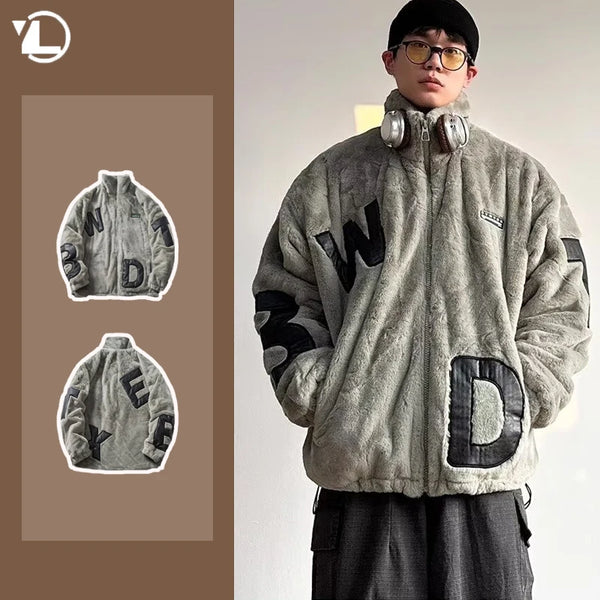 Street Lamb Wool Jacket Mens 2024 Winter Stand Collar Letter Patchwork College Parkas Fleece Warm New Thickening Couple Coats