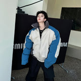 Retro Stand Collar Winter Jacket Men Zip Up Patchwork Cotton-padded Lightweight Parkas Spring Unisex Loose Autumn Short Outwear