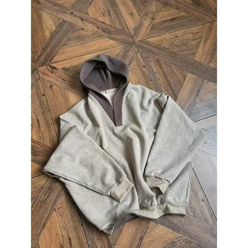 Trendy Korean Street Gray Sweatshirt Men's Spring and Autumn Knitted Ins Stitching Personalized Design Retro Top Hooded Jacket