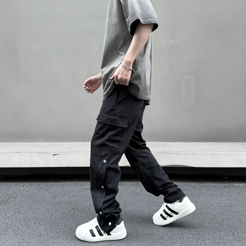 fashion casual hip hop joggers side button trousers elastic waist drawstring track sweatpants new cargo streetwear mens pants unique joggers style 4763