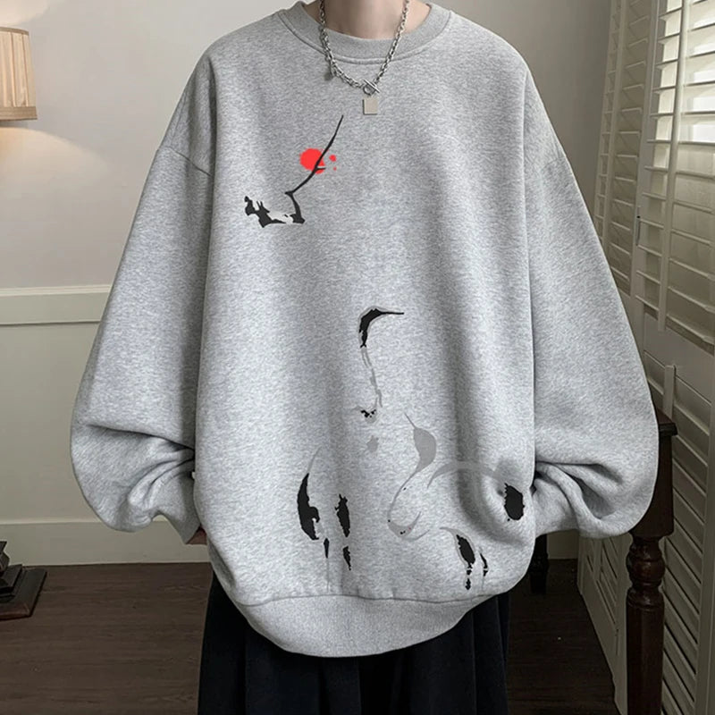 Ink Painting Cartoon Crane Printed Pullover Hoodies For Men 2024 New H