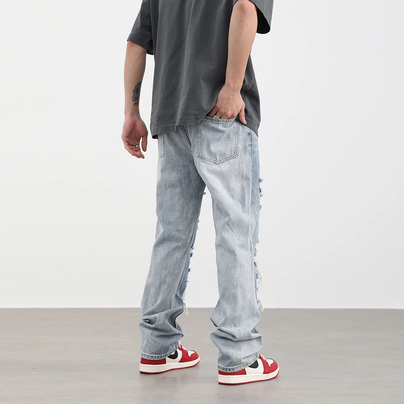 street wear washed hole destroyed skinny jeans denim hip hop blue cylinder male casual slim jeans pants ripped denim trousers unique jeans style 243
