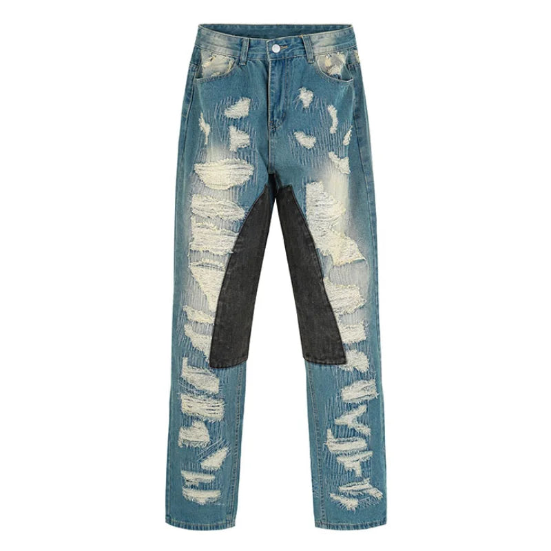 destroy ripped scratched patchwork denim jeans mens casual straight biker zipper trousers streetwear hip hop jean pants joggers sporty tapered joggers