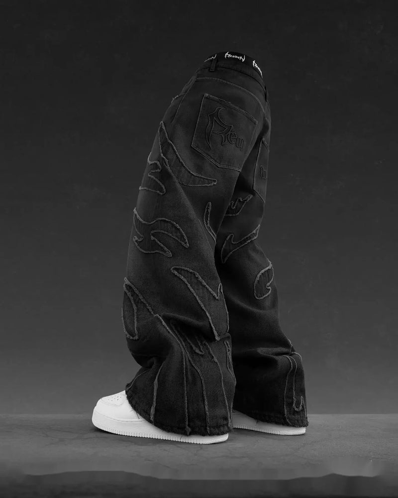 vintage y2k retro black baggy jeans for men hip hop punk raw edge embroidery jeans pattern patchwork high waisted denim pants unique jeans style 1572