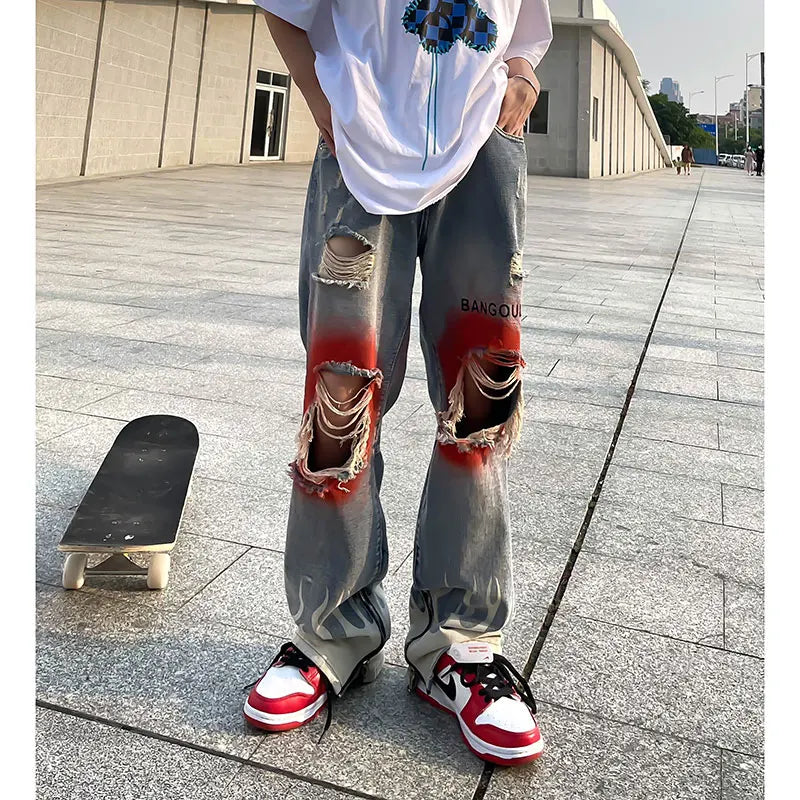 knee graffiti ripped holes denim jeans men unisex casual fire printed bottom zipper jeans streetwear hip hop jean pants joggers unique joggers style 3488