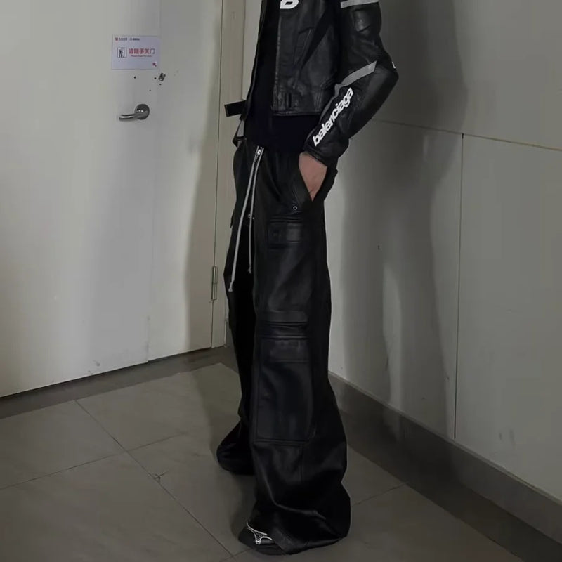 ro style matte pu leather pants for men high street y2k pantalones hombre baggy overall wide leg drawstring cargo pants baggy cargo bottoms