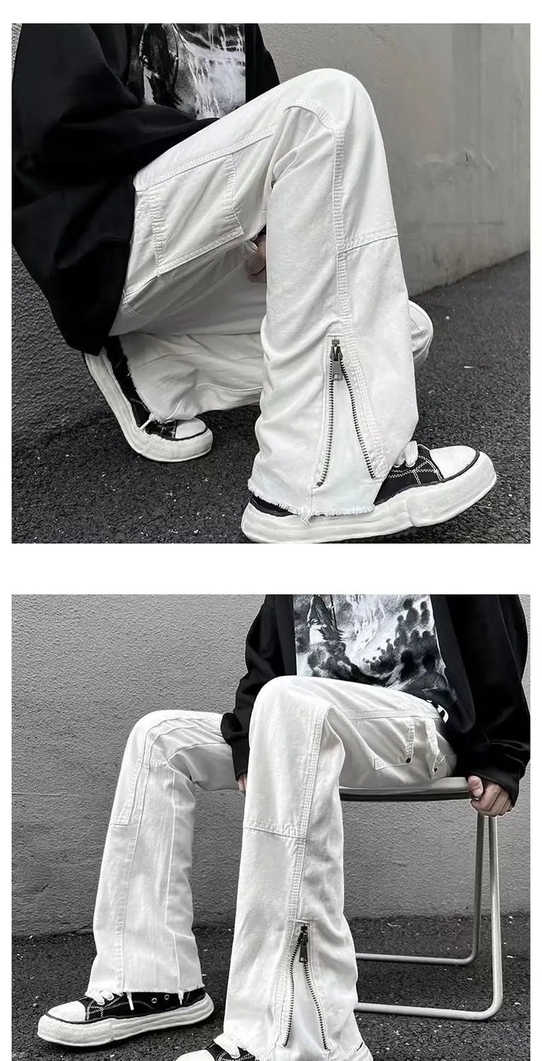 2023 autumn new light luxury fashion retro jeans men zipper straight loose jeans all match boutique clothing simple style unique jeans style 3707