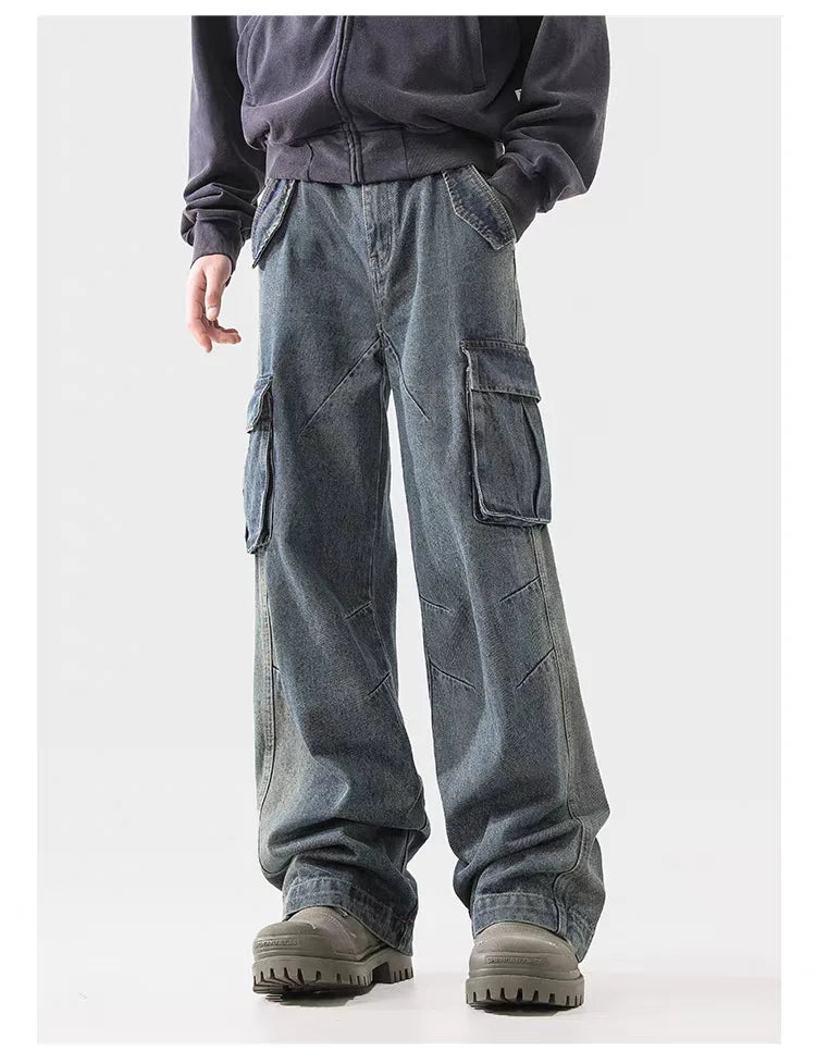 american spring and autumn street trendy personalized work clothes jeans for couples loose retro straight leg casual pants y2k unique jeans style 4976