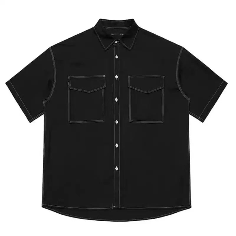 Short Sleeved Shirt Men Fashion Retro Streetwear Korean Loose Casual Vintage Shirt