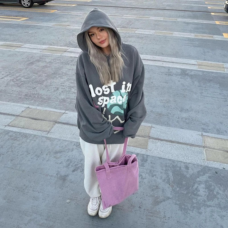 High Street Letter Foam Skull Vintage Fleece Hooded Hoodies Men And Wo