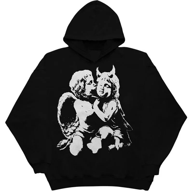 Baggy Y2K aesthetic hoodie with flame artwork
