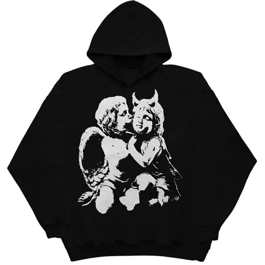 Baggy Y2K aesthetic hoodie with flame artwork