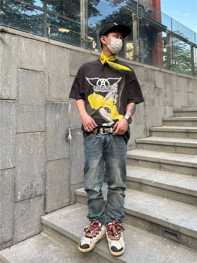 trapwear oversized shirt featuring summer vintage retro style printing washed casual loose high street tops t shirt for men