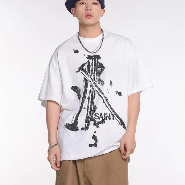 Vaporwave Fashion – Summer New Saint T Shirt Chaopai 3D Steel Nails Direct Spray – Edgy Streetwear for All Genders