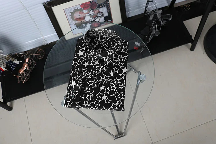 New 2022 Men 3D luxurious Classic Black White Star Print Fashion Silk Casual Shirts Shirt high Pocket Long-sleeves S 2XL #D276