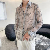 Mens Shirt Semi Transparent Exquisite Bamboo Plum Jacquard Embroidery Pattern Shirt Light Weight Sensual Long Sleeve Tops Summer