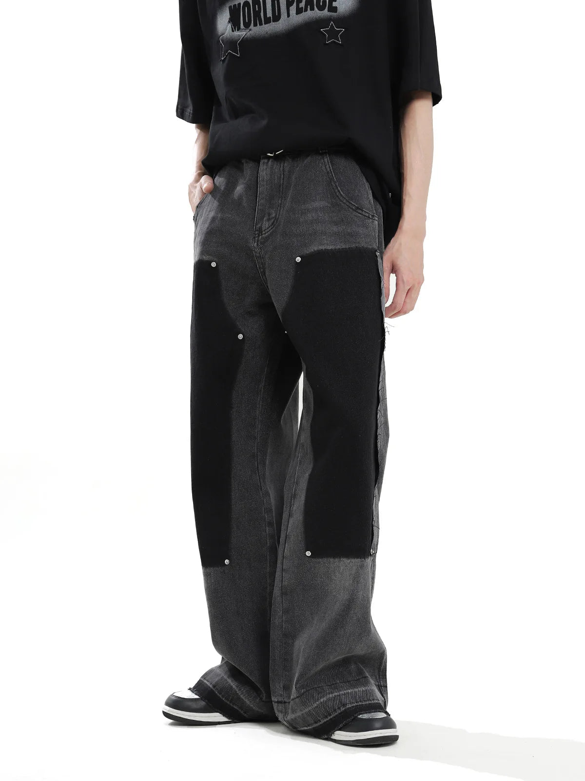 hip hop graffiti black wide leg jeans mens vintage distressed patches ink splashed jeans y2k logging cargo denim trousers women unique cargo style 4506
