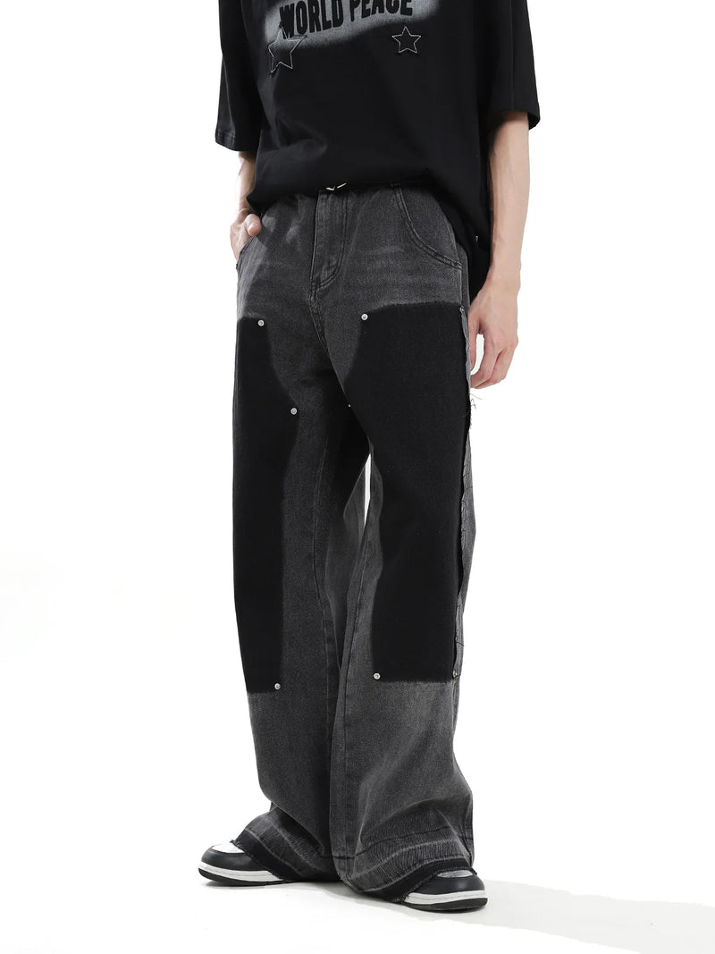 hip hop graffiti black wide leg jeans mens vintage distressed patches ink splashed jeans y2k logging cargo denim trousers women unique cargo style 4506