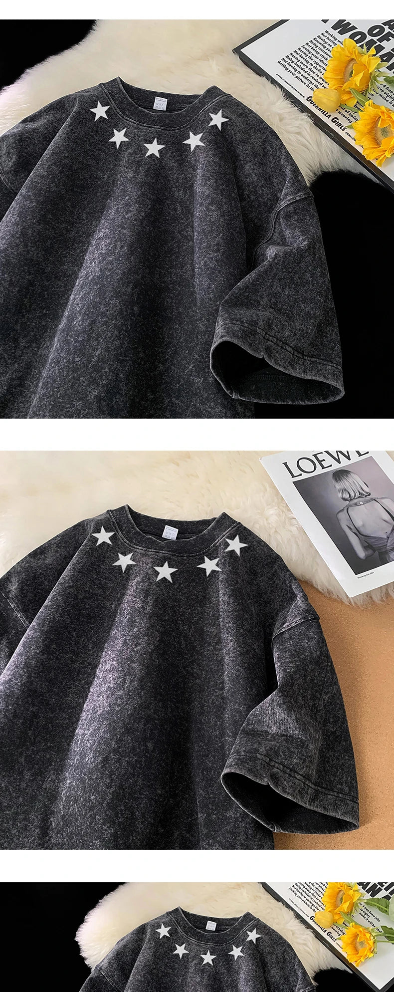 Harajuku Oversized shirt – Men Black Washed T Shirt O Neck Star Patterned Heavyweight S